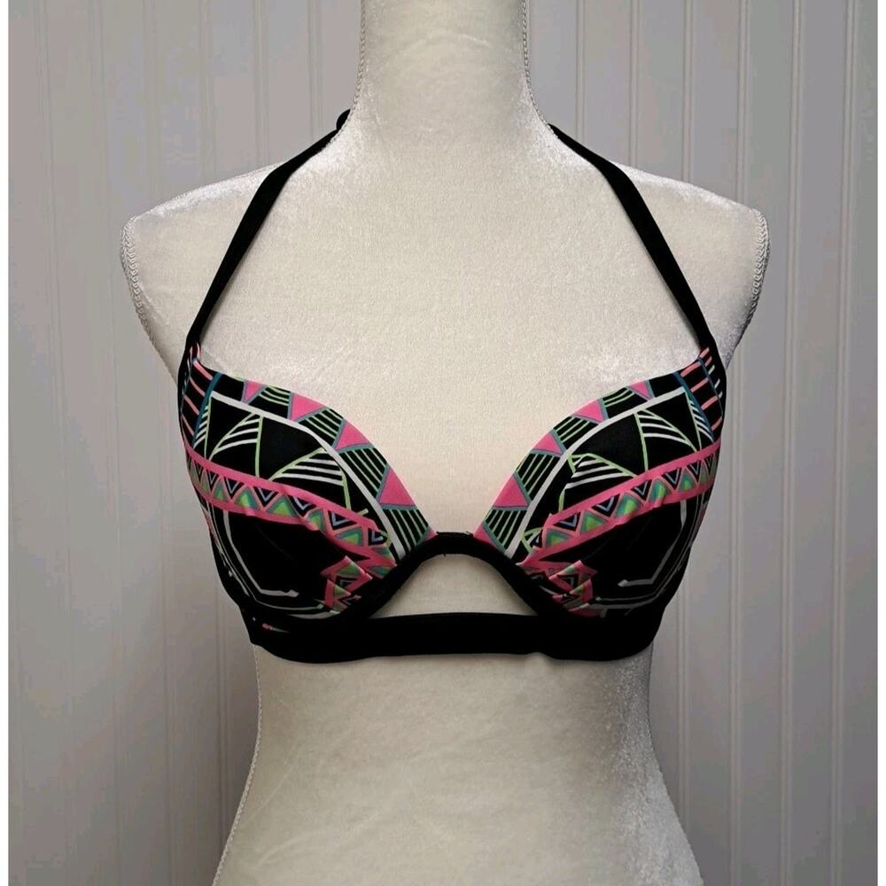 Coco Rave Bikini Top Womens 34 B/C Black Neon Print Halter Underwire Swim